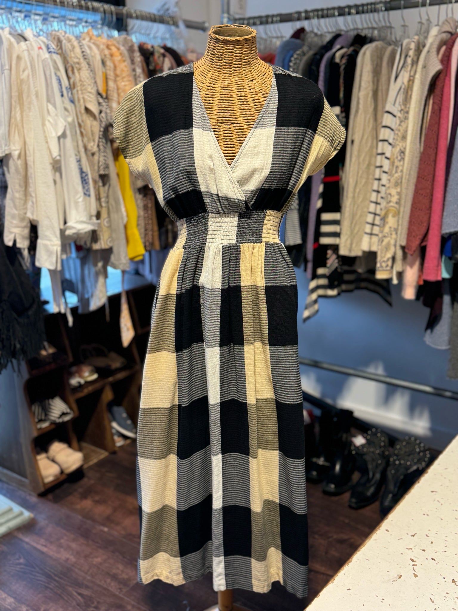 Ace & Jig white, beige, black striped squares Maxi w/ pockets Dress