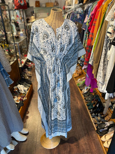 Pax Philomena white & blue Cotton Floral kaftan Dress, Size One Size