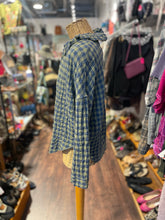 Load image into Gallery viewer, A Shirt Thing Blue &amp; Green Cotton Blend Checkered Ruffeld collar Top, Size P/S
