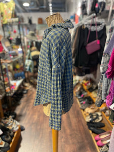 A Shirt Thing Blue & Green Cotton Blend Checkered Ruffeld collar Top, Size P/S