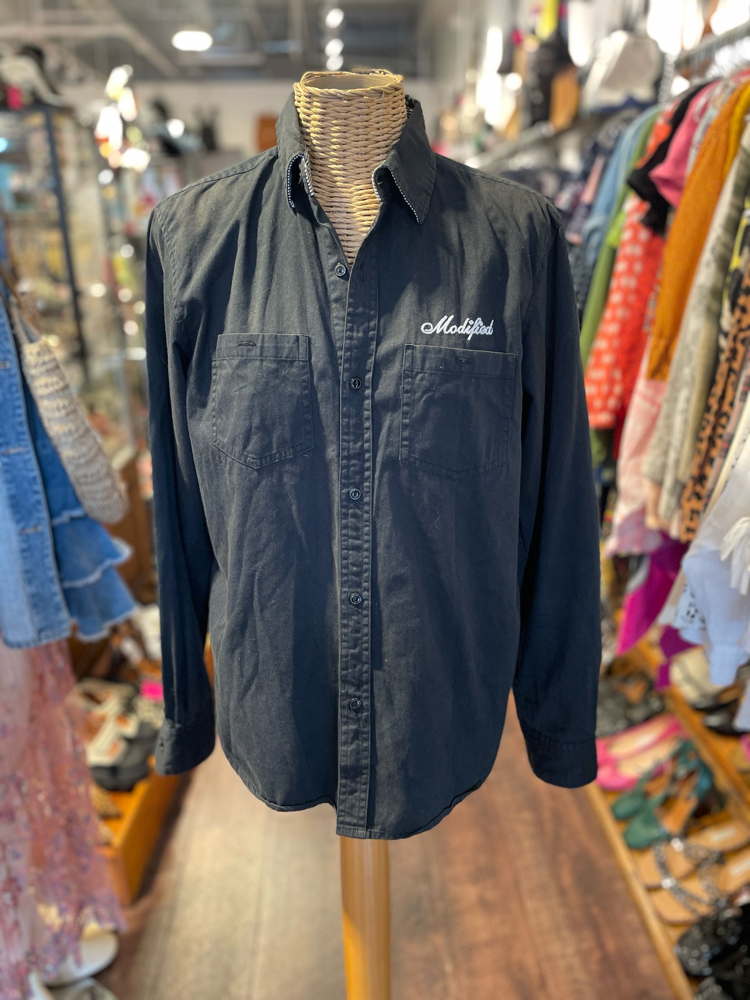 Modified unstudied wear Black Cotton Writing Longsleeve collared button up Top