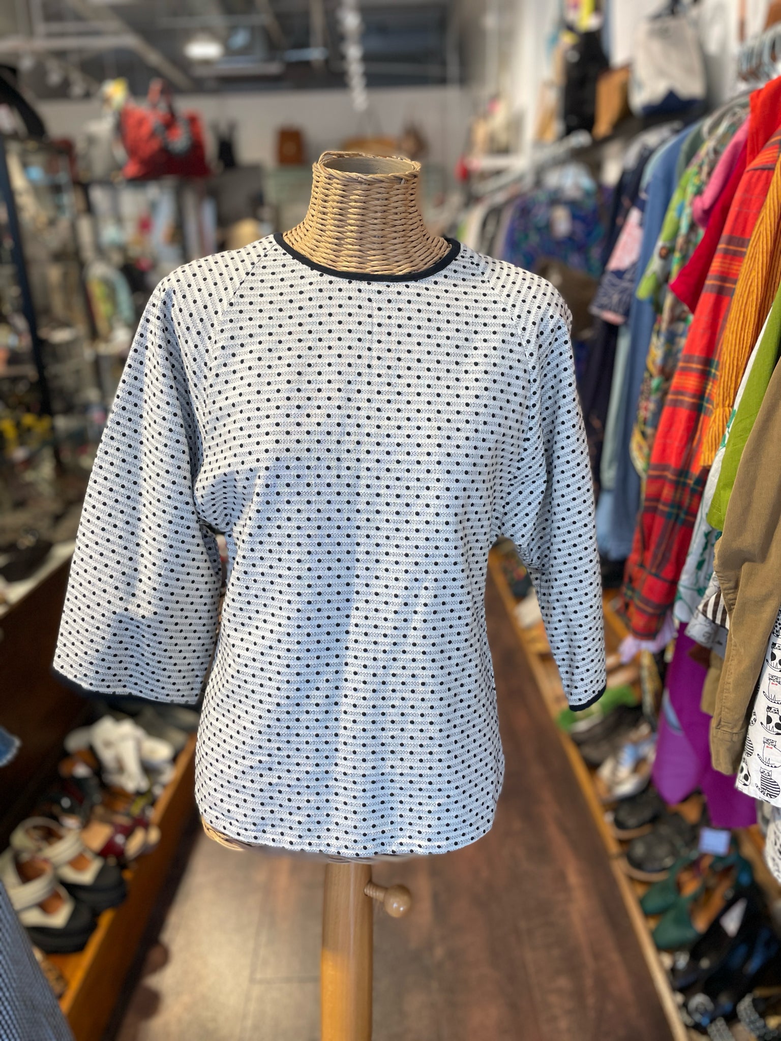 Ace & Jig White Cotton w/black polka dots Longsleeve Top, Size S