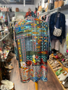 Johnny Was green multi 100% silk Boho Flowy Layering Top, Size S