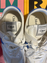 Load image into Gallery viewer, CHLOE White + blue  Suede detail Gently worn Sneaker, Size 39
