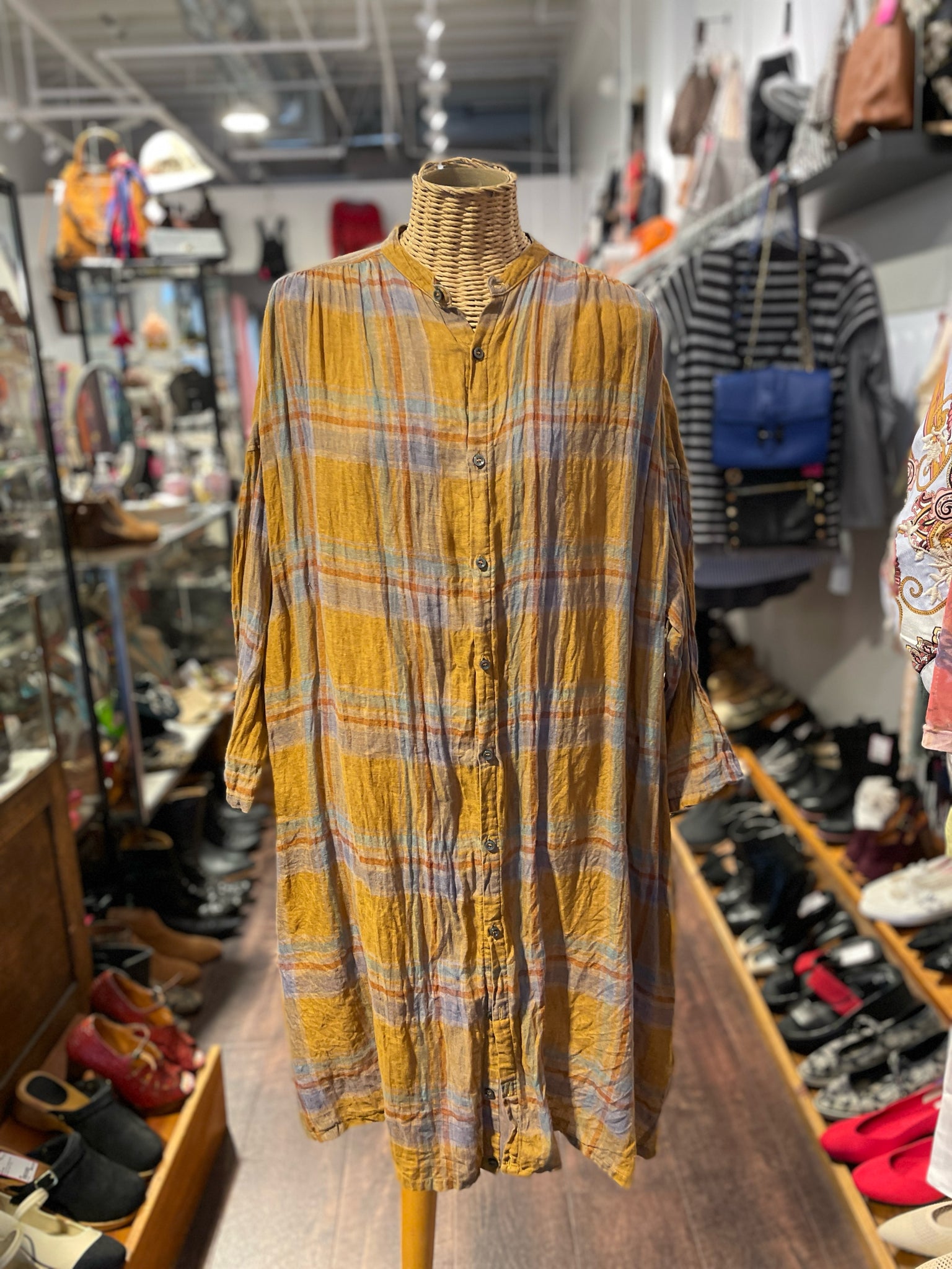 Ichi Antiguites yellow, multi Linen Plaid Relaxed Fit Button Up Dress, Size M/L