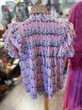 Load image into Gallery viewer, oliphant pink &amp; purple Cotton pintucked Ruffle short sleeve Top
