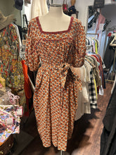 Load image into Gallery viewer, Umber &amp; Ochre red, blue, yellow square &amp; circles belt tie Dress, Size M/L
