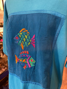 Johnny Was Turquoise Cotton embroidered Short sleeve Ruffle Trim Dress, Size L