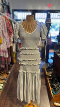 Load image into Gallery viewer, Love Shack Fancy white &amp; grey Cotton window pain &amp; stripes puff shoulder Dress
