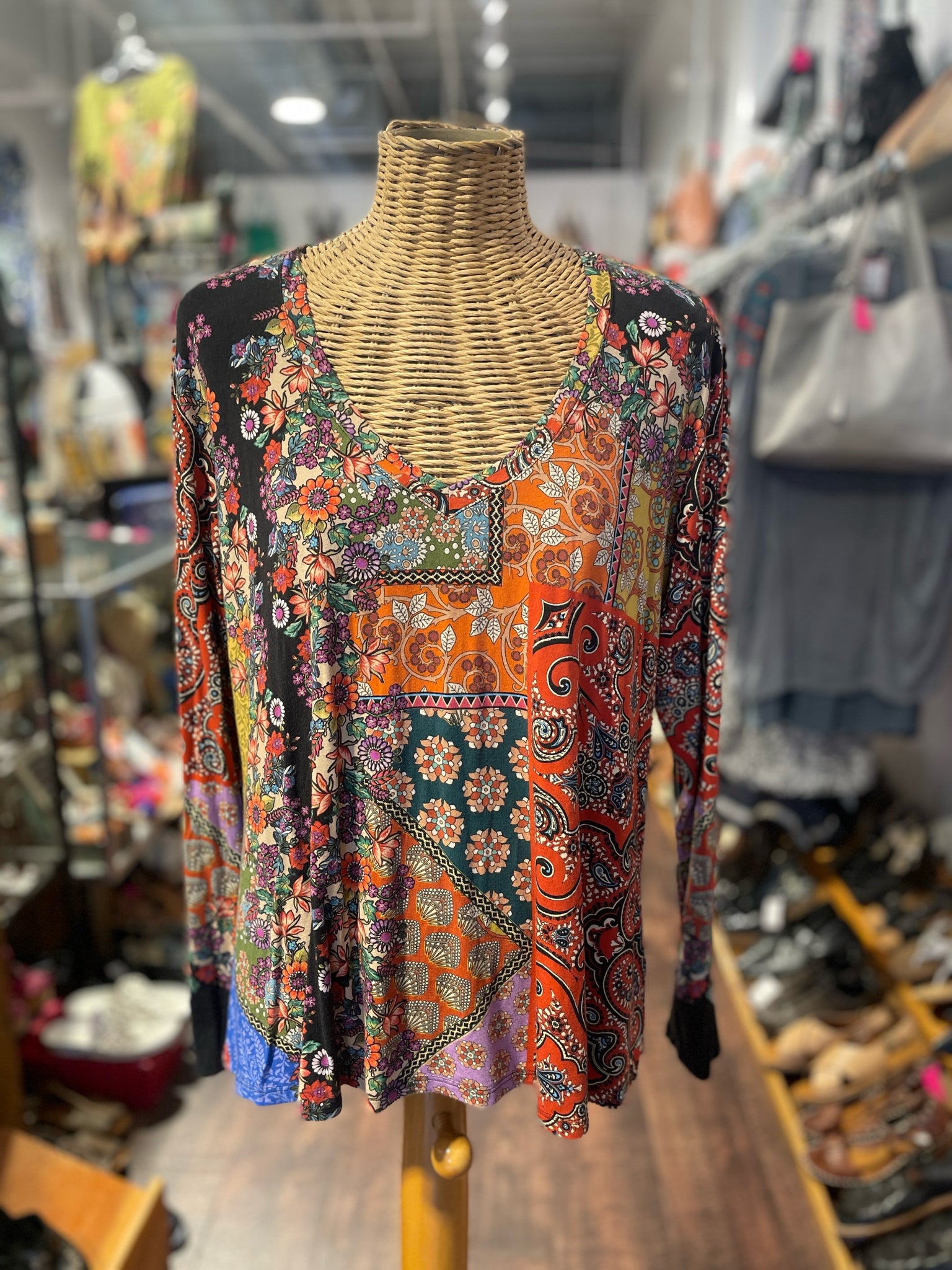 Johnny Was orange, black, yellow Viscose mixed print Long sleeve Top, Size M