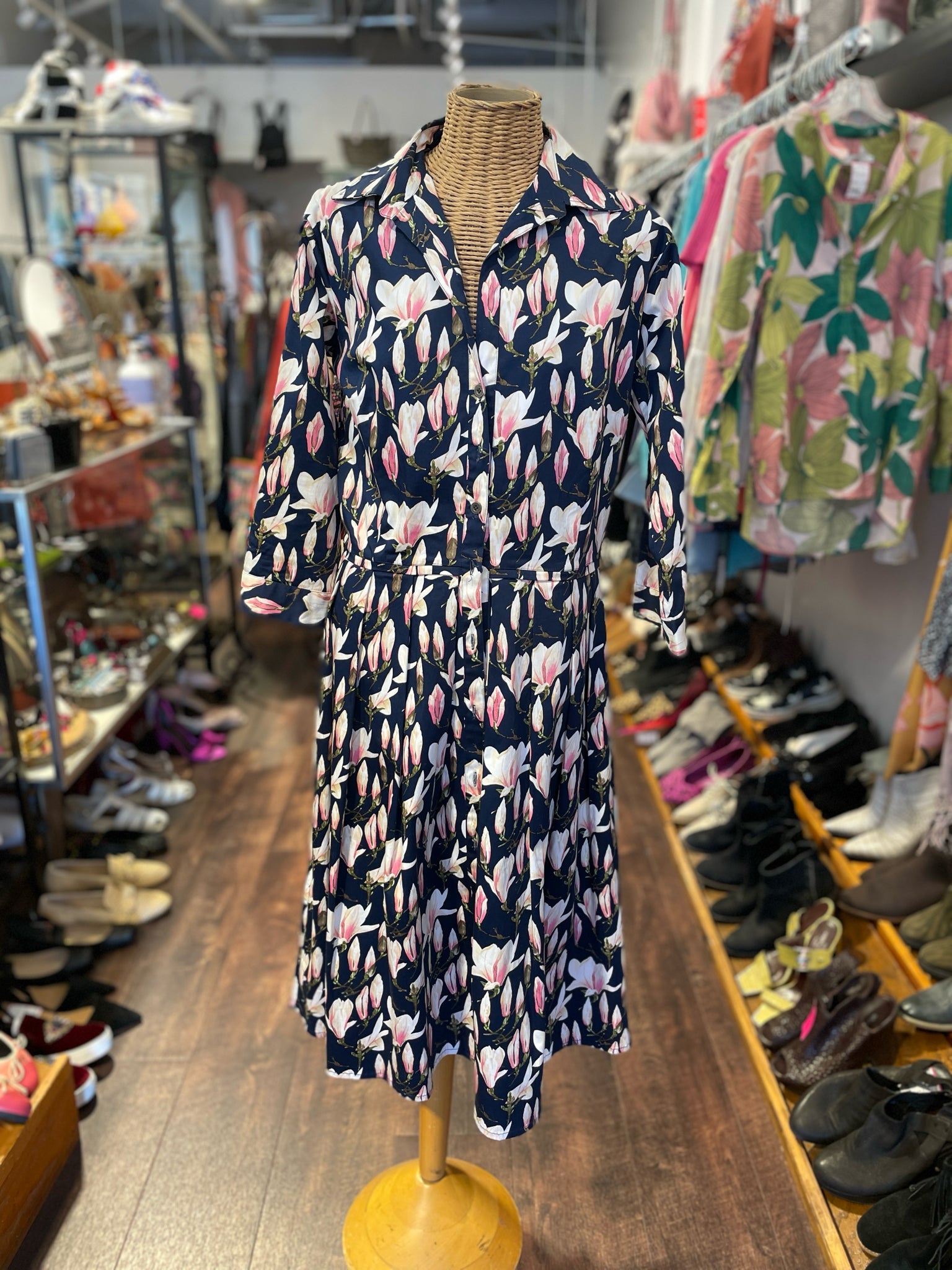 Samantha Sung Navy & pink Cotton Floral Button up longsleeve Dress, Size 10