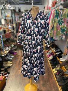 Samantha Sung Navy & pink Cotton Floral Button up longsleeve Dress, Size 10