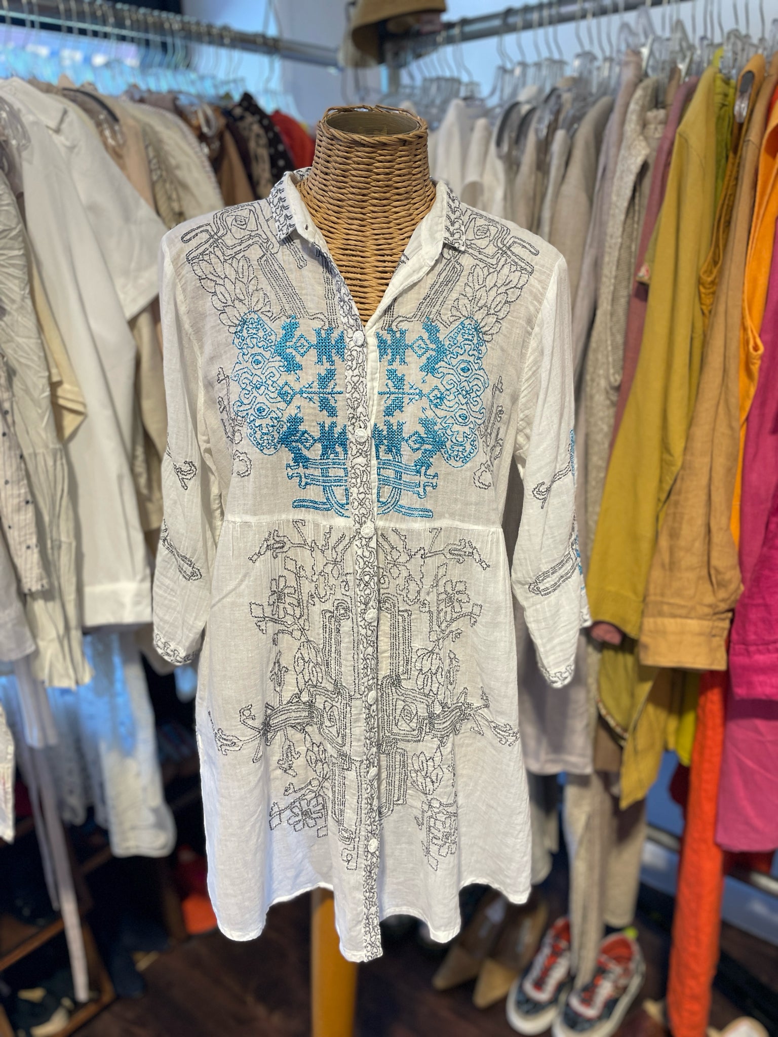 Biya White and blue Cotton embroidered button down longsleeve Top, Size S
