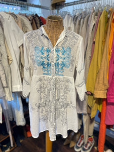 Biya White and blue Cotton embroidered button down longsleeve Top, Size S