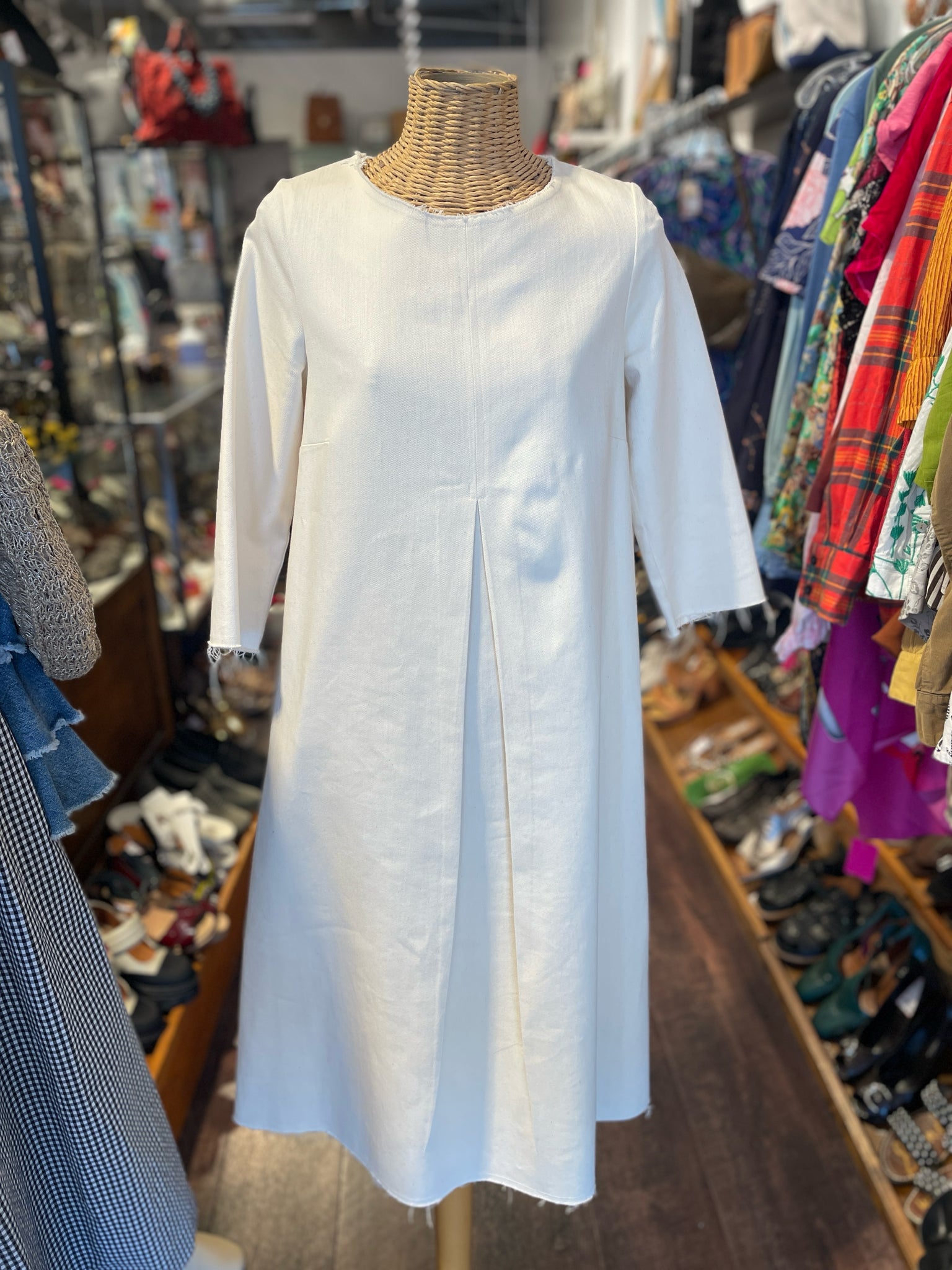 Erica Tanov off beige Cotton Longsleeve frayed Dress, Size 1=Small