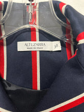 Load image into Gallery viewer, ALTUZARRA navy, red &amp; white wool, cotton, acetate &amp; polyester stripes Military style Blazer, Size 38
