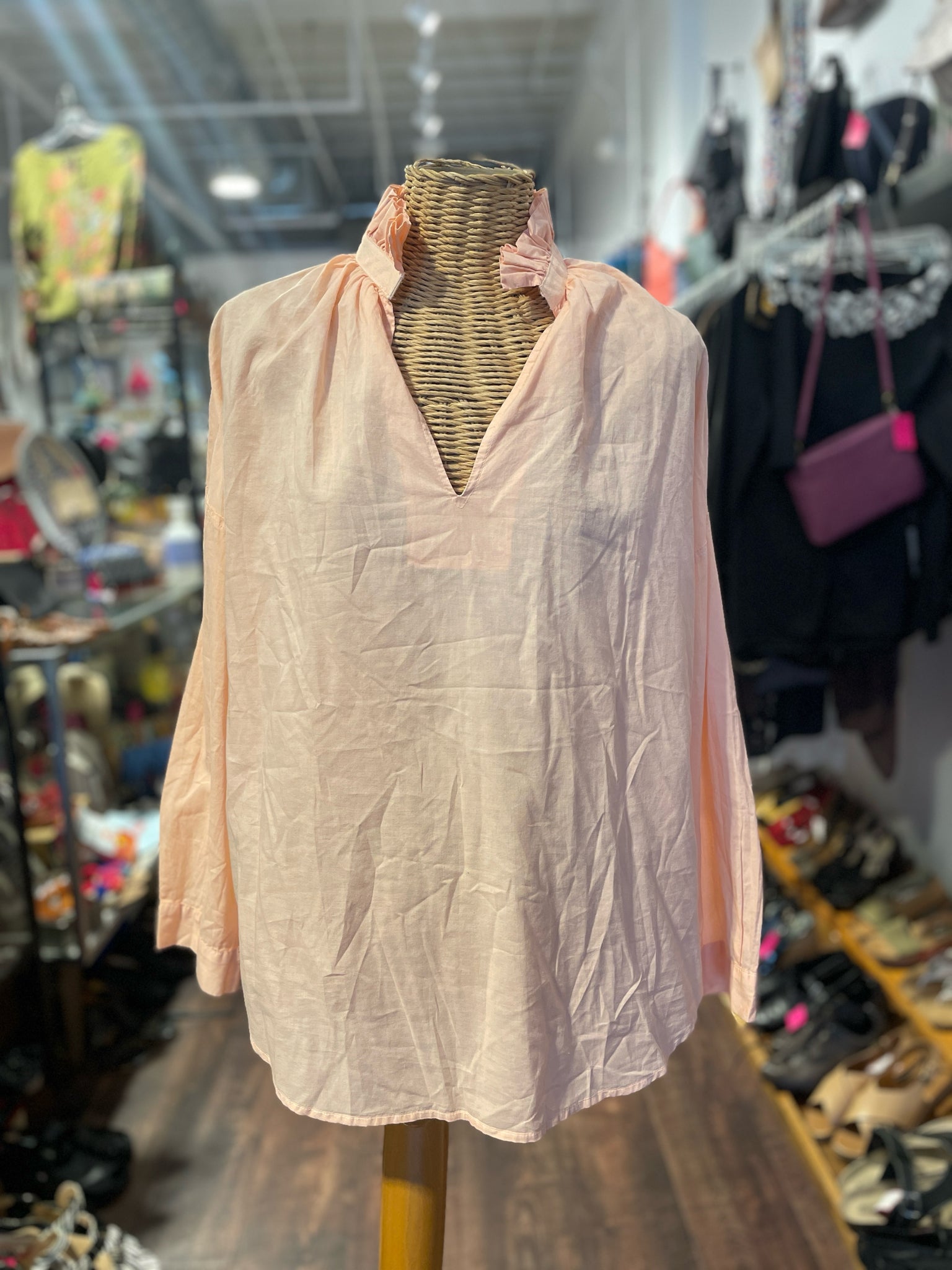 A Shirt Thing Peach Cotton Longsleeve Ruffle Top, Size M