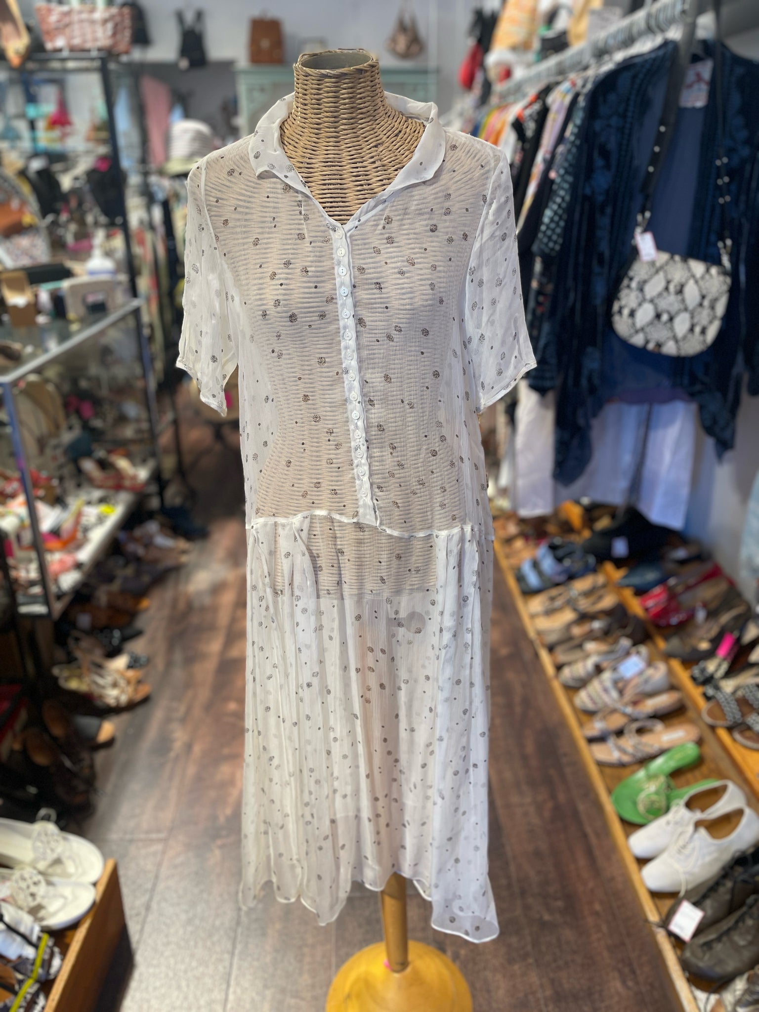 Lilith Beige & Gray sheer dots Short sleeve Dress, Size S