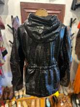Load image into Gallery viewer, Allsaints Black Faux Leather patent Hood silver accent Jacket
