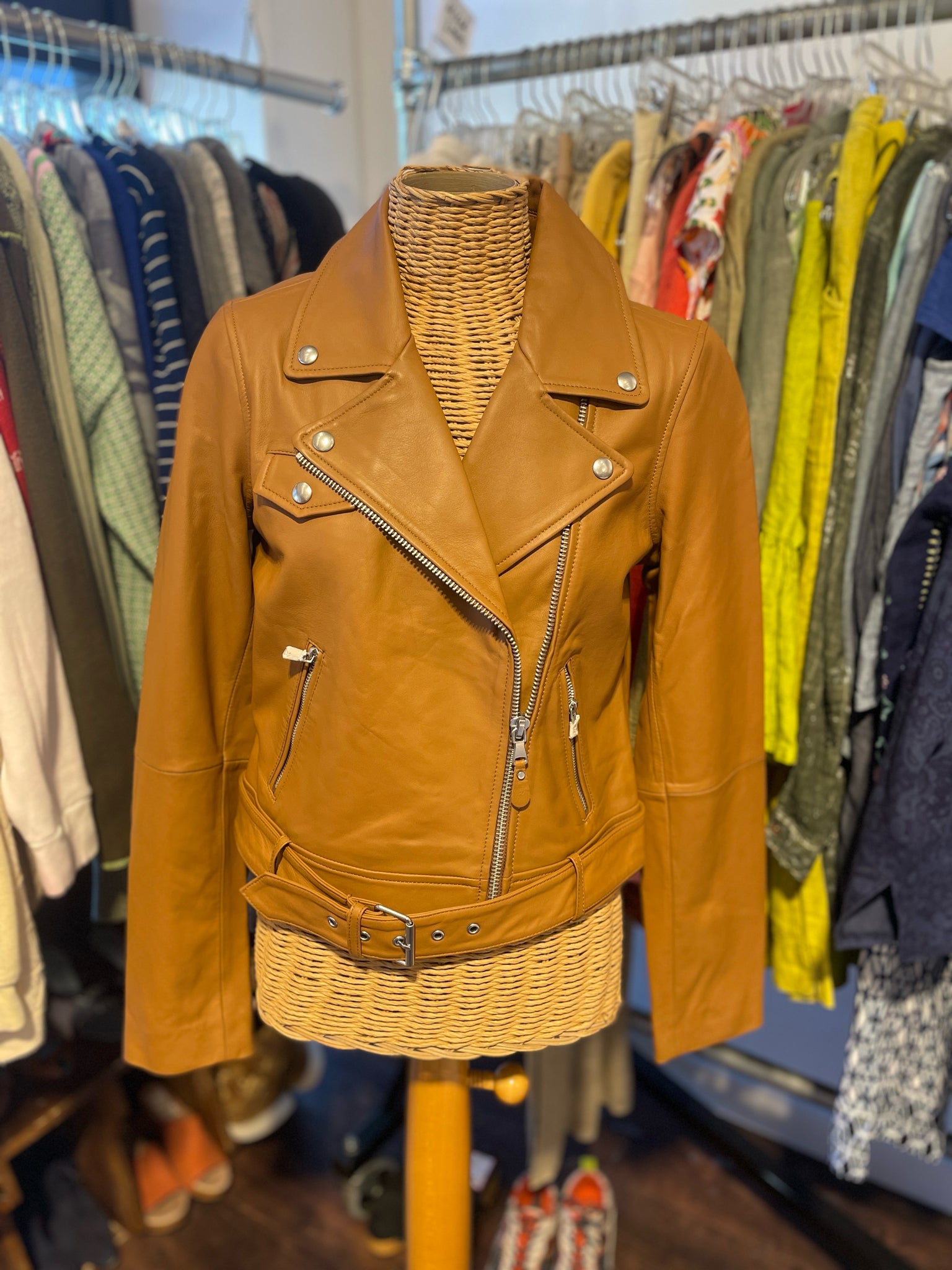 Paige almond Leather motorcycle style Metal Hardware Jacket, Size Small
