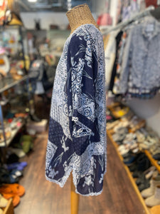 Johnny Was Blue & White Silk mixed prints Flowy Top, Size XL