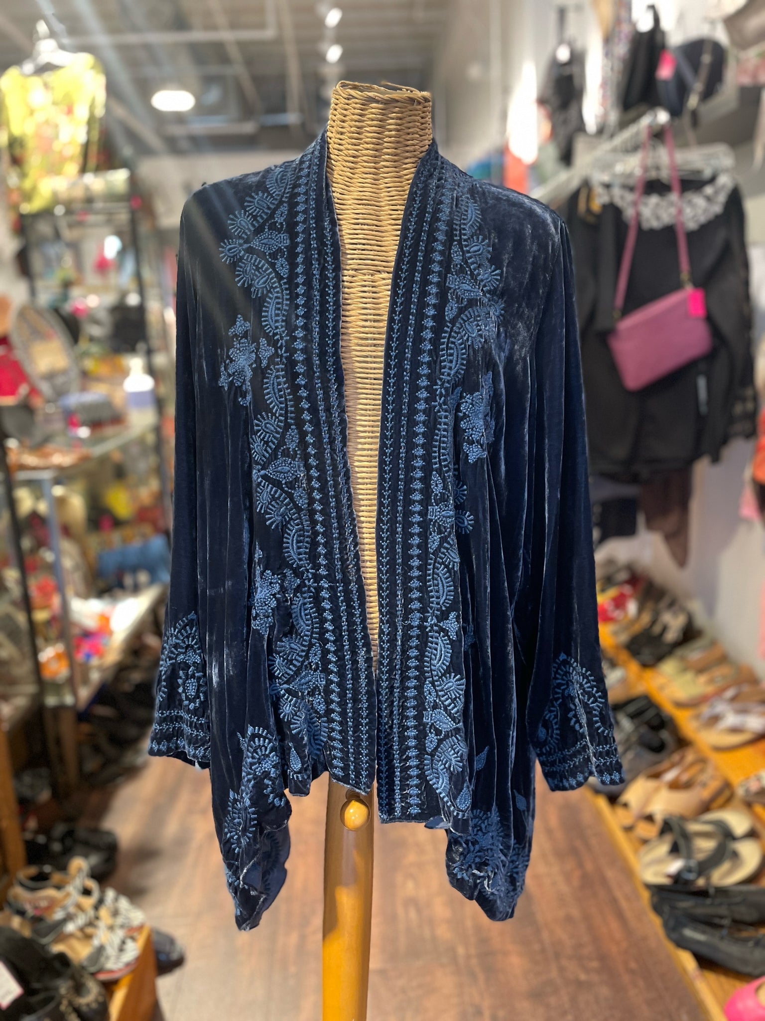 Johnny Was Blue Velvet long layering embroidered Top, Size M
