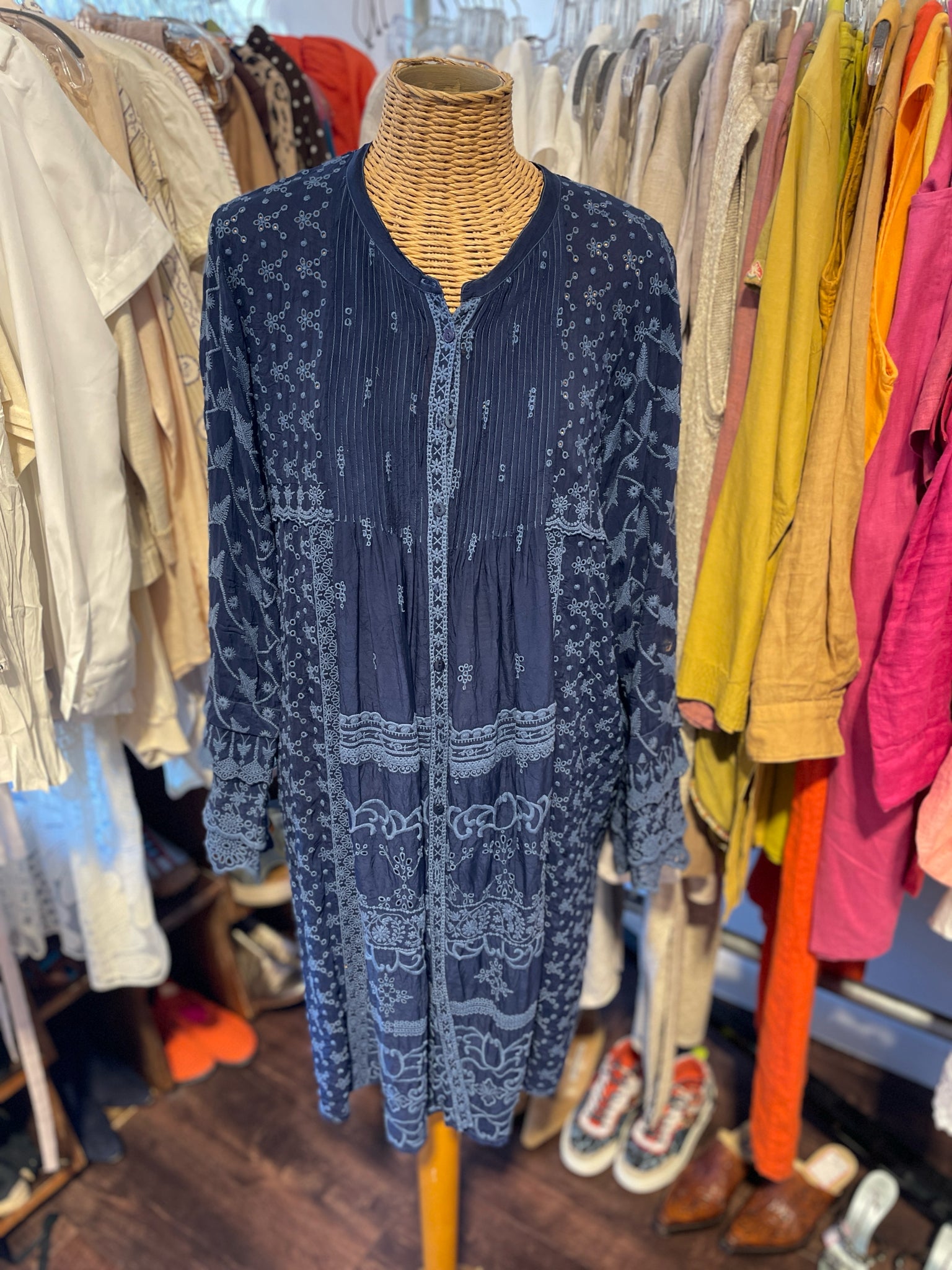 Johnny Was Navy Cupra Blend Floral Button up longsleeve Dress, Size L