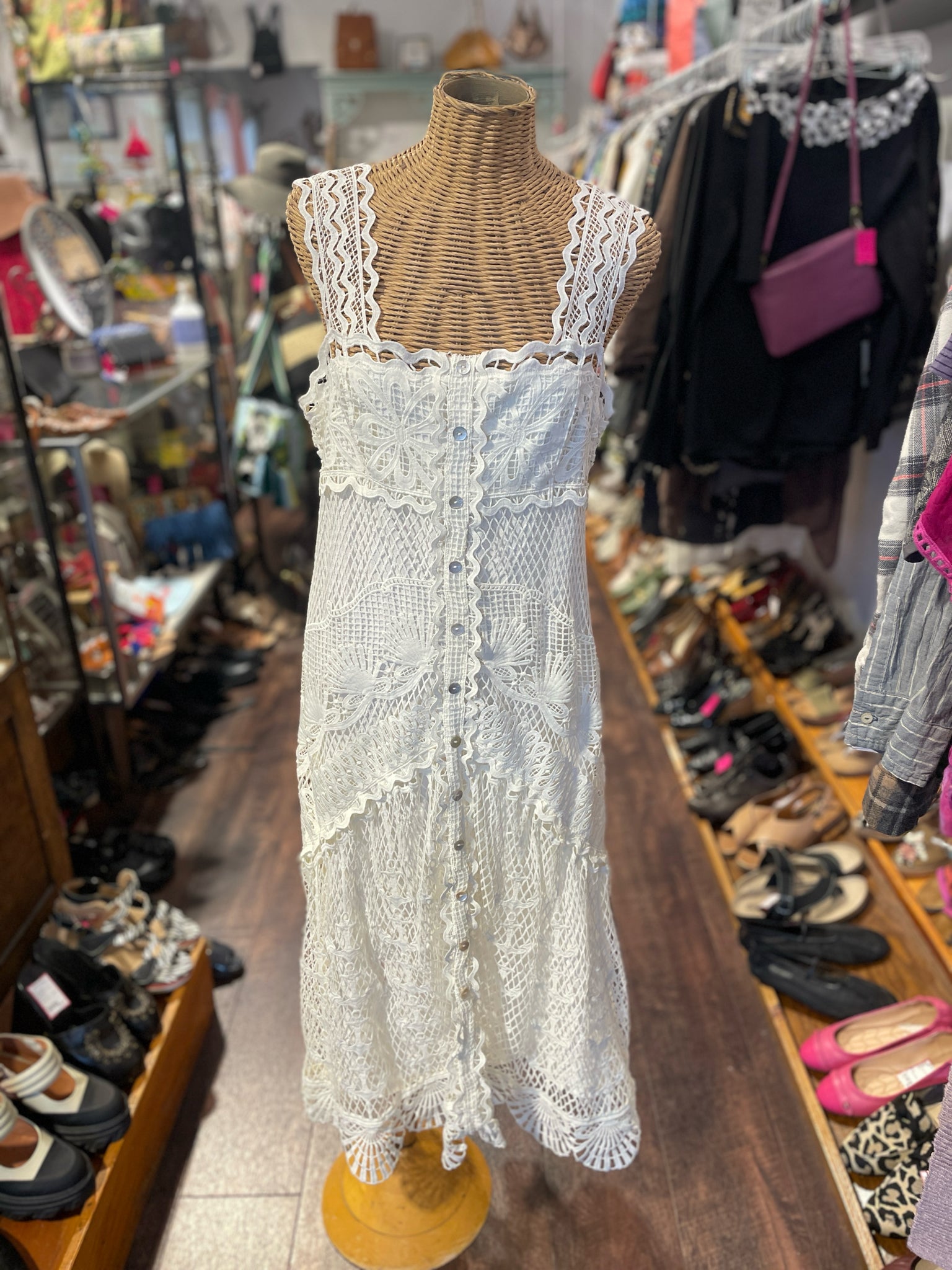 FARM Rio White poly & viscose embroidered Button up Sleeveless Dress, Size M