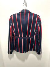 Load image into Gallery viewer, ALTUZARRA navy, red &amp; white wool, cotton, acetate &amp; polyester stripes Military style Blazer, Size 38
