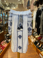 Load image into Gallery viewer, MISA white &amp; blue Embroidered Off Shoulder Dress, Size L
