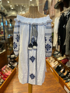 MISA white & blue Embroidered Off Shoulder Dress, Size L
