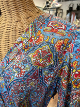 Load image into Gallery viewer, Nicoblu blue, yellow, red Poly Print waist tie Dress, Size M
