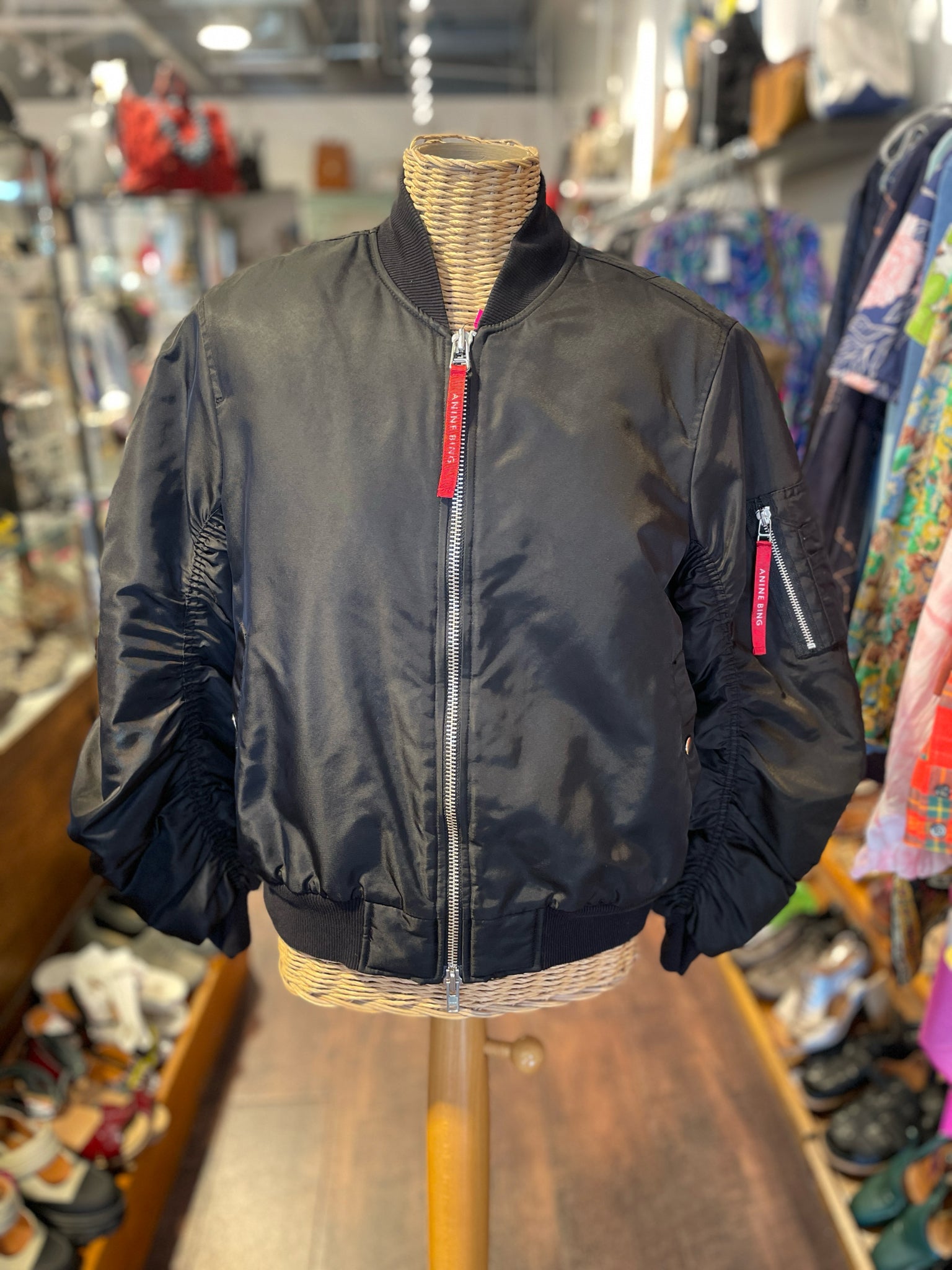 Anine Bing Black Satin Puffer pilot style Jacket, Size S/M