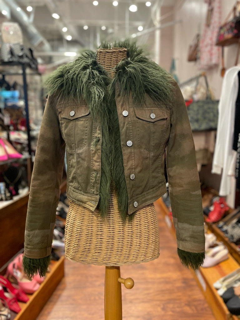 Diesel Brown & Green Cotton Camo Fur Trim Jacket, Size S