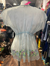Load image into Gallery viewer, Erica Tanov Teal Silk Floral embroidery shortsleeve sheer Top, Size 2=M
