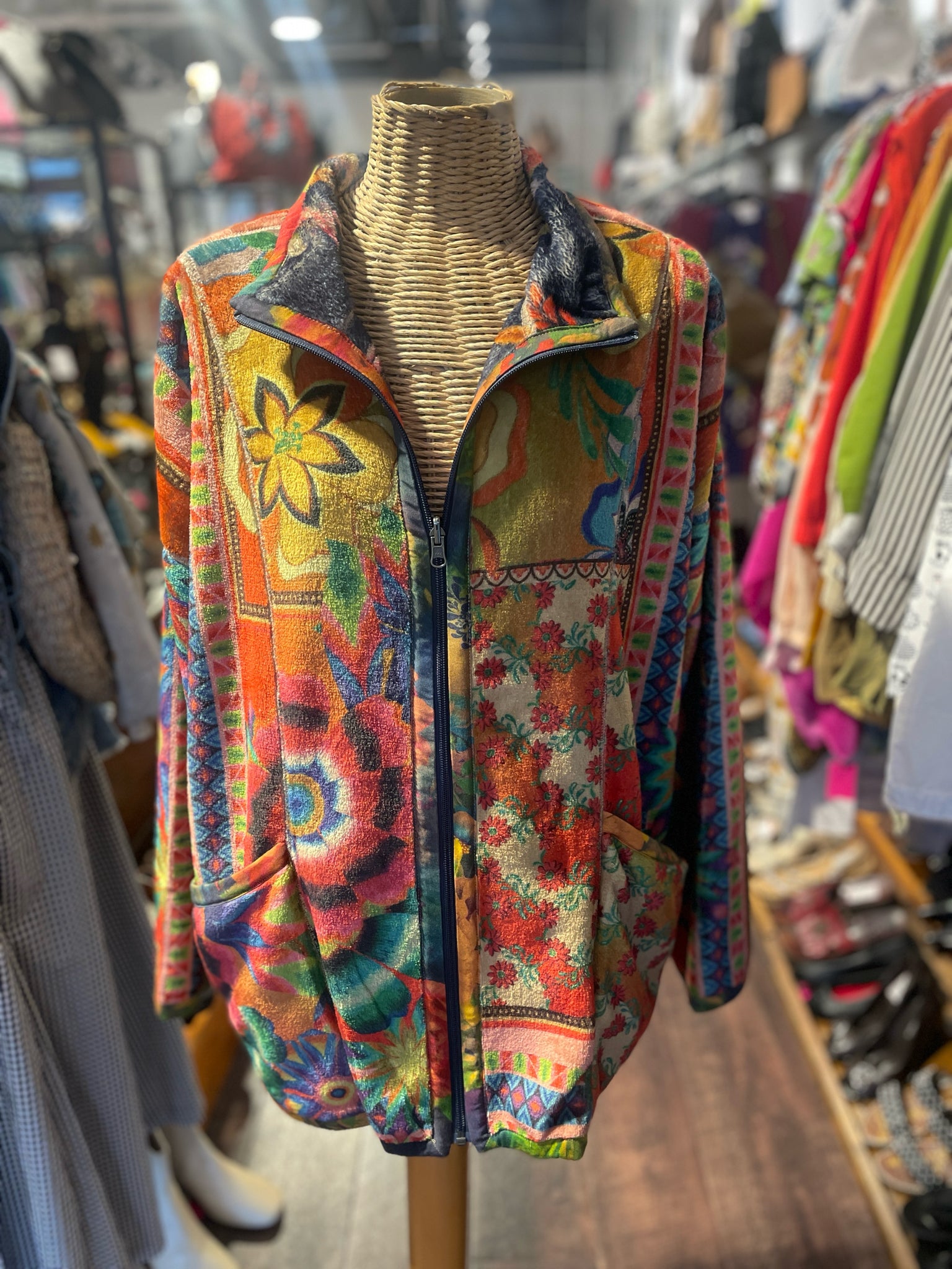 Johnny Was multicolor Fleece abstract floral Sherpa Zip Up Jacket, Reversilbe, Size 1X