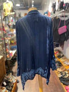 Johnny Was Blue Velvet long layering embroidered Top, Size M
