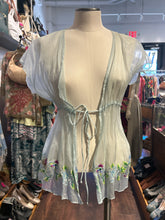Load image into Gallery viewer, Erica Tanov Teal Silk Floral embroidery shortsleeve sheer Top, Size 2=M
