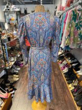 Load image into Gallery viewer, Nicoblu blue, yellow, red Poly Print waist tie Dress, Size M
