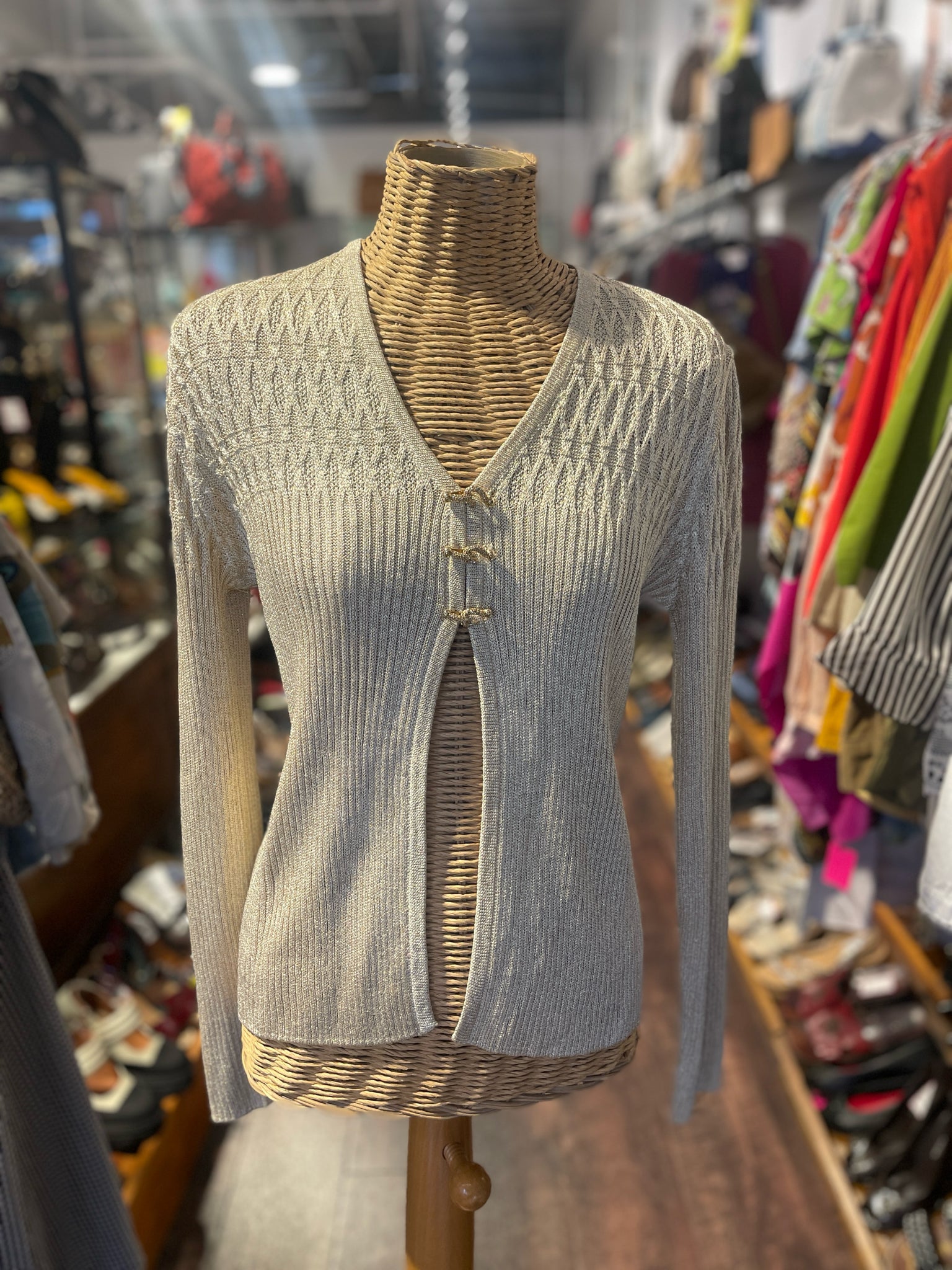 St John Tan and gold Knit woven gold accent Long sleeve JEWEL BUTTONS Sweater, Size S