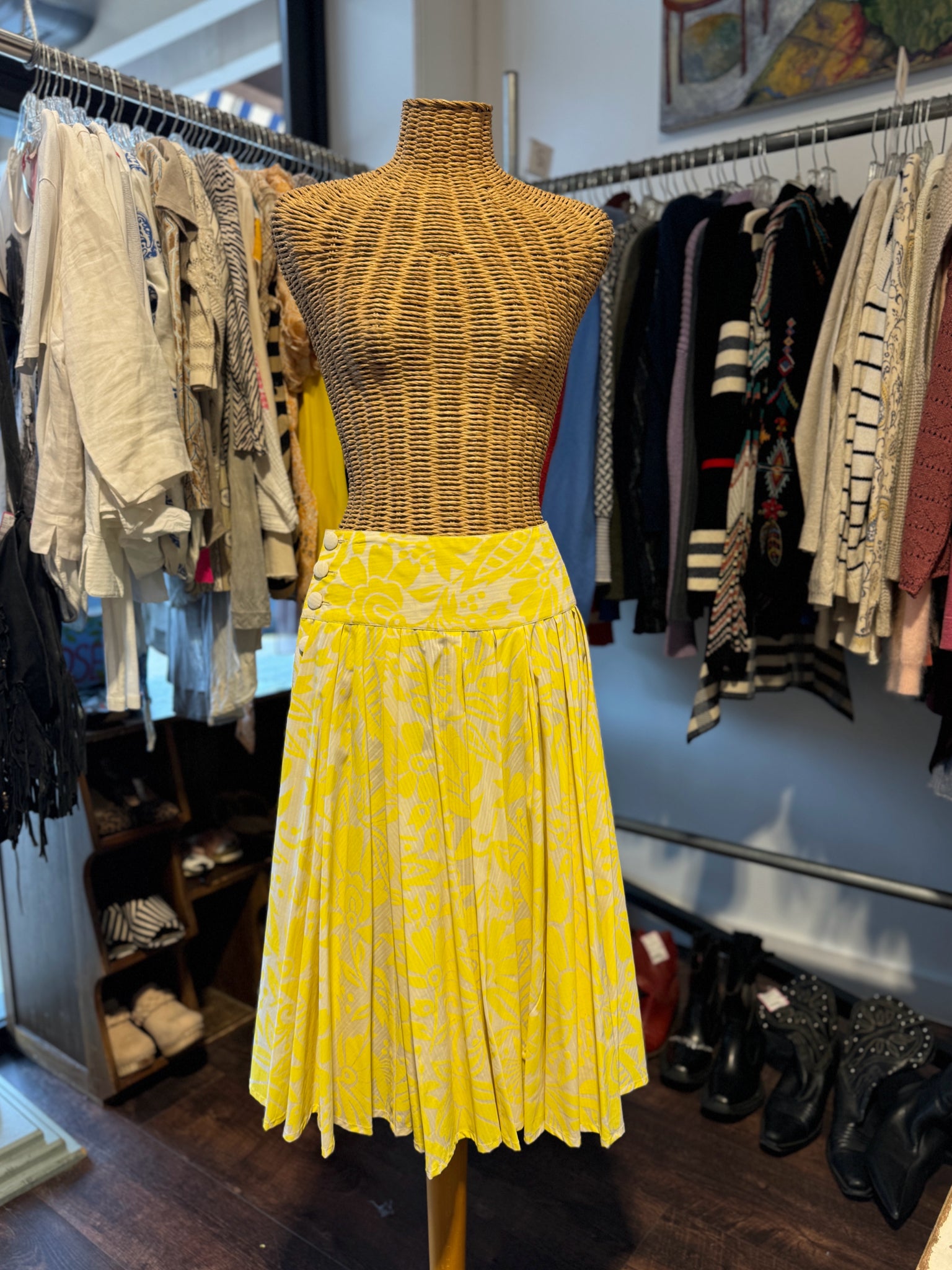 Megan Park Yellow & Beige Cotton Flowers side buttons Skirt