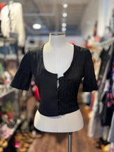 Load image into Gallery viewer, Maniere De Voir Black Viscose blend mixed fabric Cropped Buttons Top
