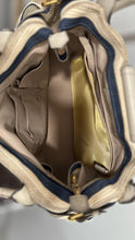 Load image into Gallery viewer, Eric Javits tan,white &amp; navy leather &amp; woven stripes Gold Hardware Purse
