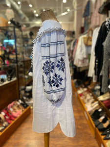 MISA white & blue Embroidered Off Shoulder Dress, Size L
