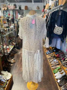 Lilith Beige & Gray sheer dots Short sleeve Dress, Size S