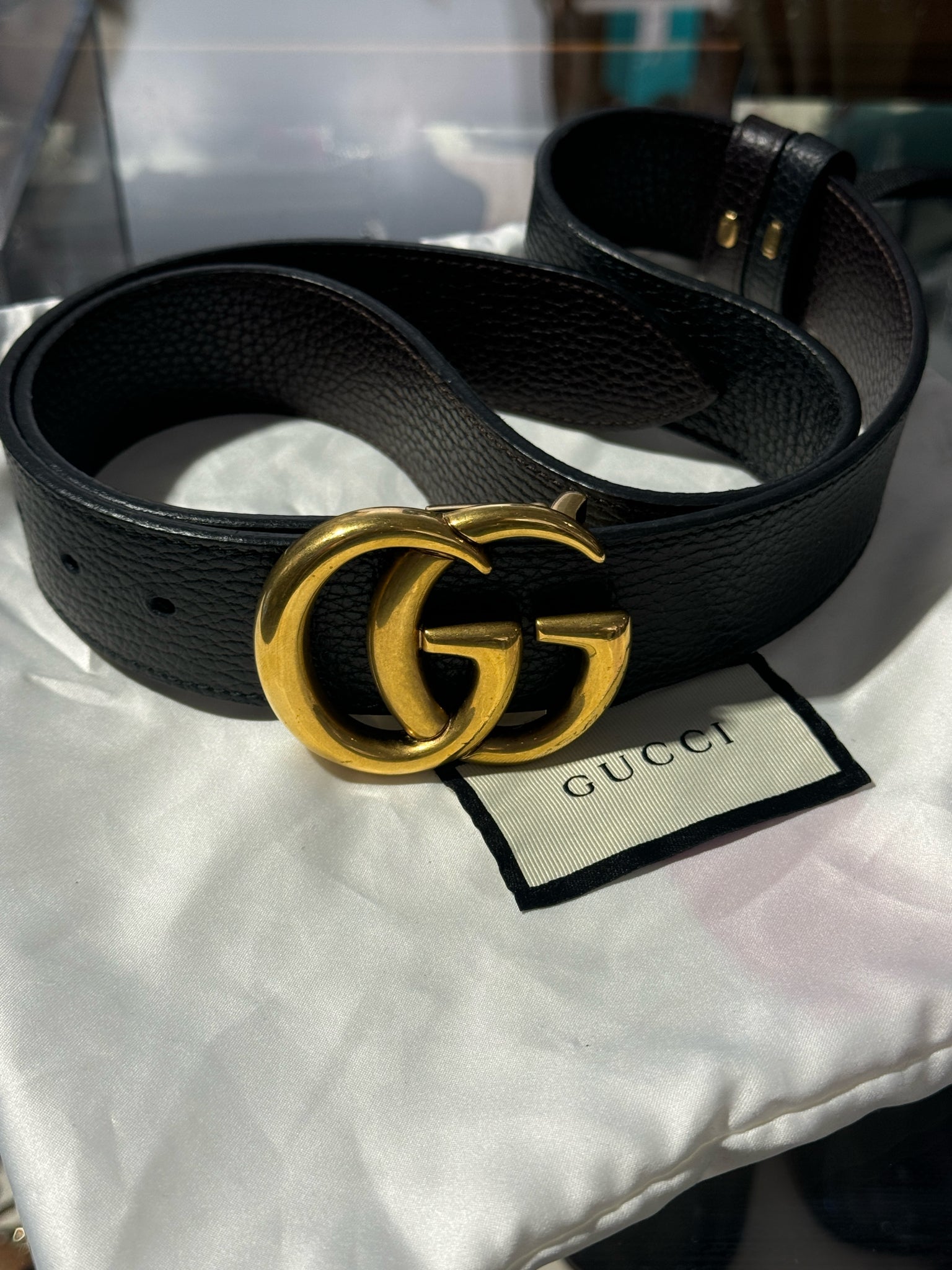 GUCCI Black + Brown gold hardware double G Reversible Belt,Size 38 w/ duster