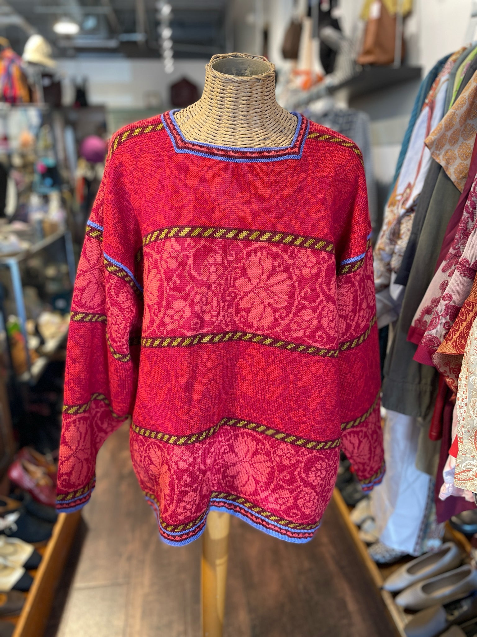 Oleana Red Wool floral & abstract purple lining Sweater