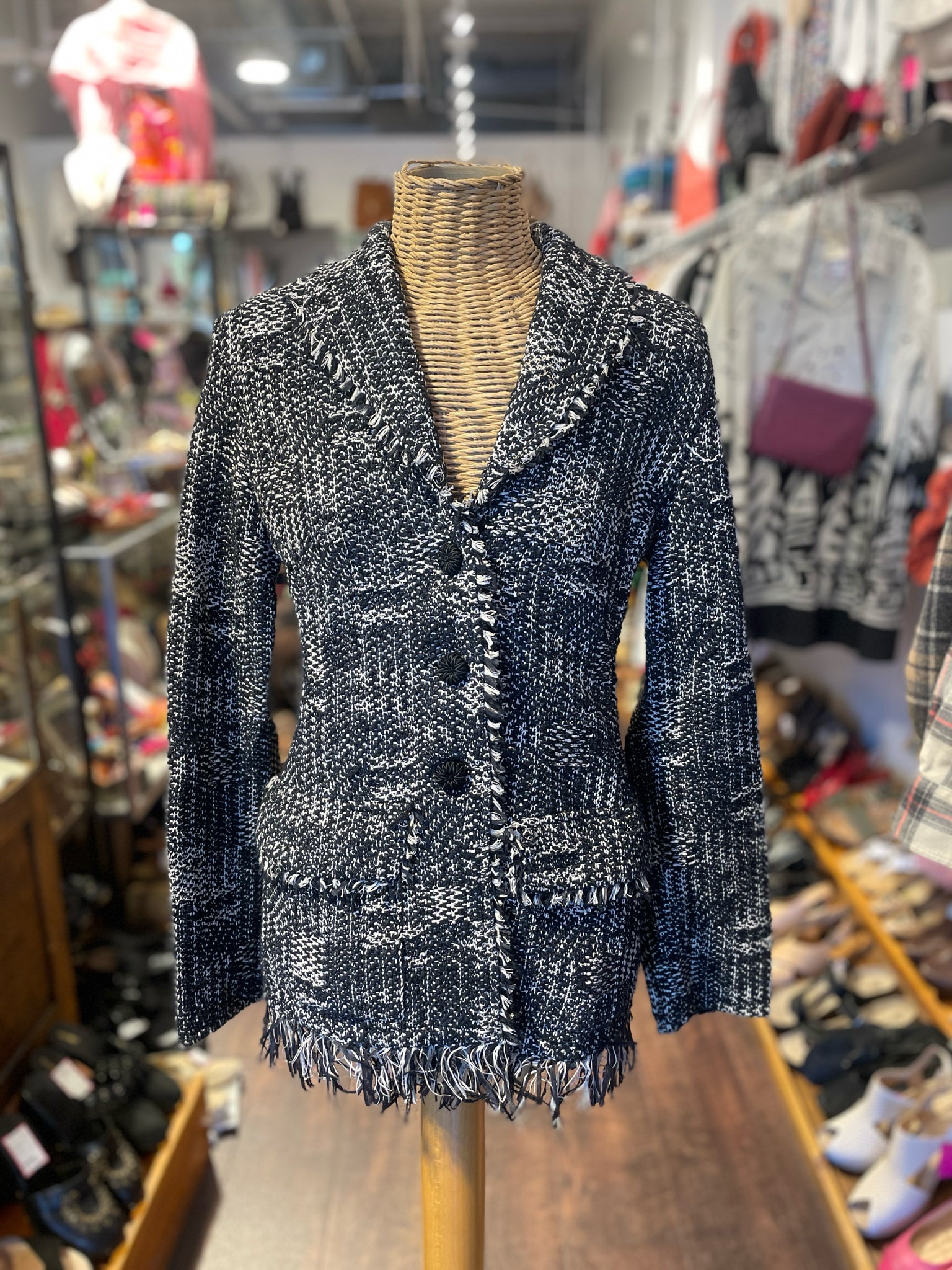 MM Lafleur Black and white Cotton Tweed button longsleeve Blazer, Size M