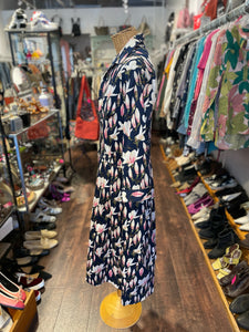 Samantha Sung Navy & pink Cotton Floral Button up longsleeve Dress, Size 10