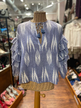 Load image into Gallery viewer, saylor Blue &amp; White Cotton Ikat Ruffle Sleeve Top, Size S
